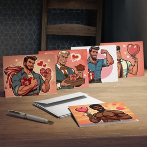 Cartes de voeux multi-designs romantiques de style rétro vintage des années 50 (paquet de 5) Cartes de Saint-Valentin gay musclé beaux beaux mecs
