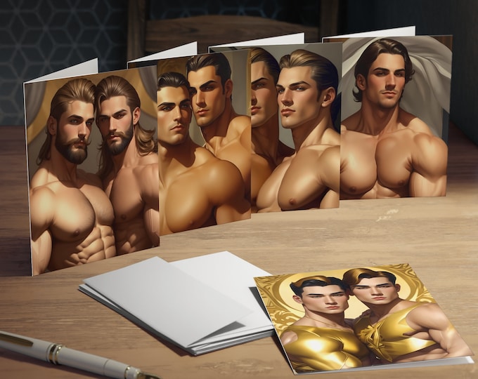 Featured listing image: Art Deco Handsome Men Greeting Cards: Gay Erotic Thank You Notes (5-Pack)