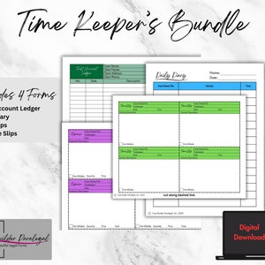 May include: Digital download of four printable forms for timekeeping: a trust account ledger, daily diary, time slips, and expense slips. The forms are designed with green and purple accents and have a professional look.