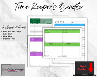 May include: Digital download of four printable forms for timekeeping: a trust account ledger, daily diary, time slips, and expense slips. The forms are designed with green and purple accents and have a professional look.