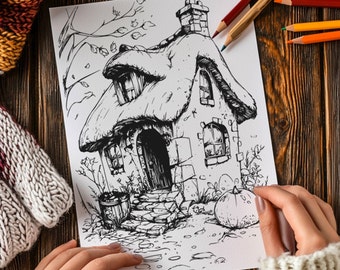 Puede incluir: Un dibujo en blanco y negro de una cabaña de cuento con techo de paja, rodeada de árboles y una calabaza. La cabaña tiene una puerta, ventanas y una chimenea.