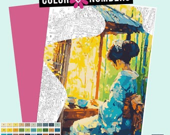 Japanse tuin, kleuren op nummer: kimono-theehoekje (digitale kleurplaten)