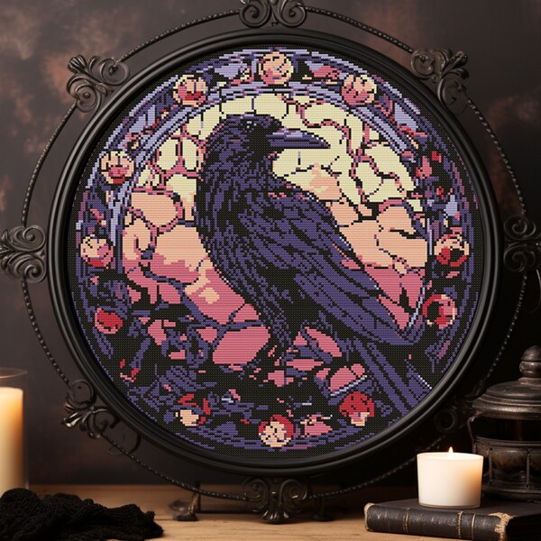 Stained Glass Raven Stitch Pattern Design, Goth cross stitch pattern. Cross Stitch PDF. Modern cross stitch pattern, Pop Art Cross Stitch