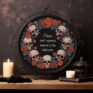 Don't Summon Demons Cross Stitch Pattern, Goth Bathroom Decor (PDF Pattern)