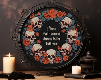 Don't Summon Demons Cross Stitch Pattern, Goth Bathroom Decor (PDF Pattern)