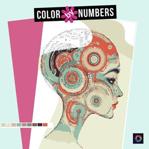 May include: Color by numbers painting kit featuring a profile of a woman with a geometric design on her face. The design is made up of circles and lines in shades of red, blue, green, and beige.