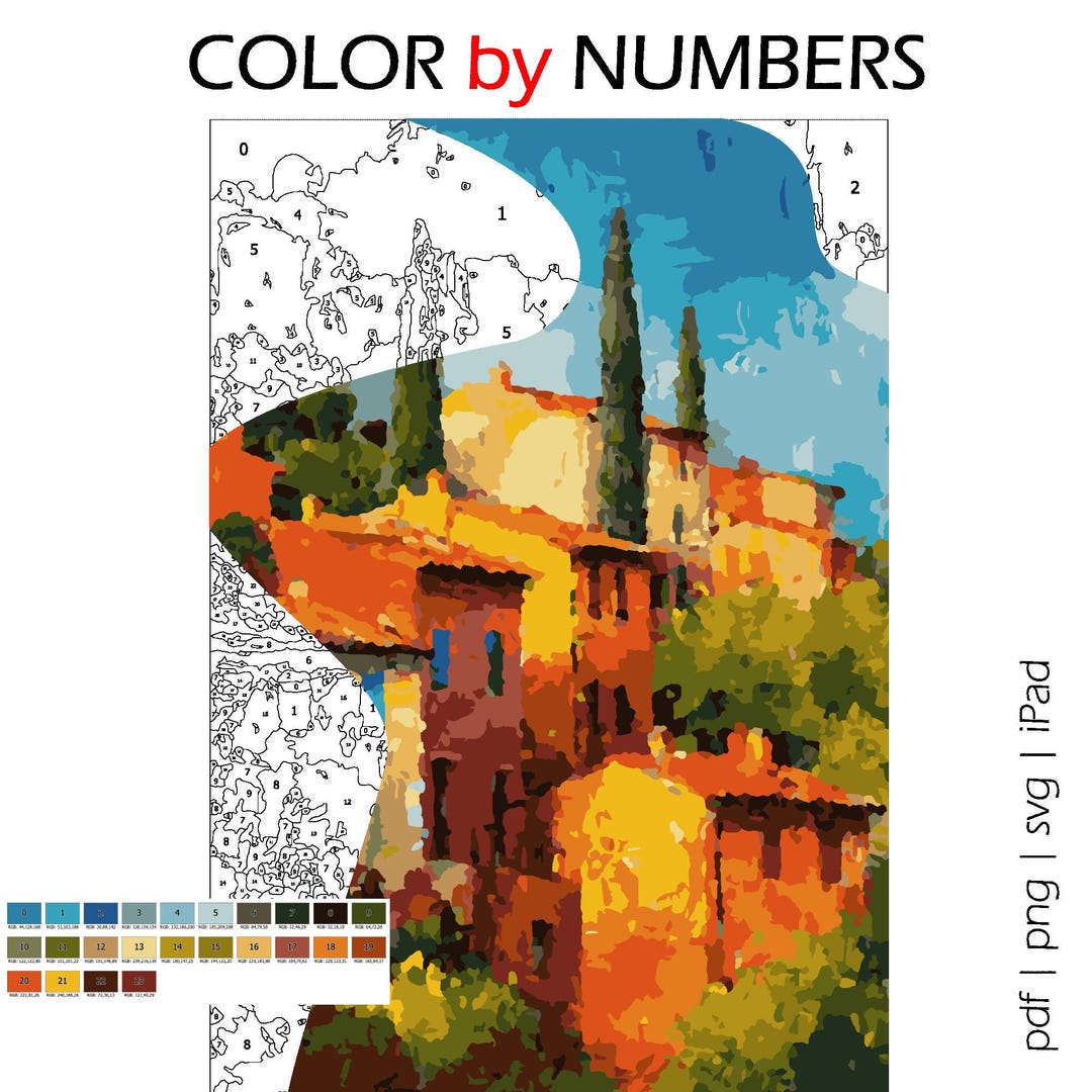 Tuscany Houses Color by Numbers: Italy Printable Pages (PDF, SVG, PNG ...