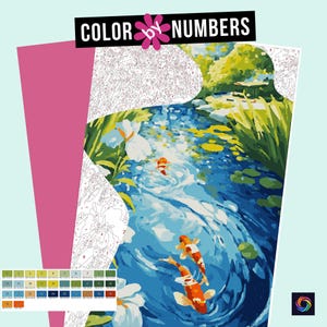 大人のための数字で塗り絵のエキスパート | 日本庭園 07 コイ池 数字で塗り絵 デジタル塗り絵ページ Procreate iPad 数字で塗り絵