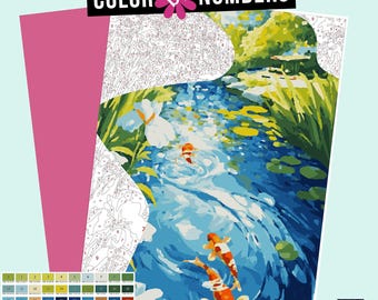Japanese Garden Color by Numbers: Koi Pond Digital Art (PDF, SVG, PNG)