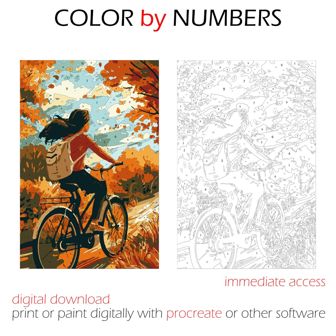 Autumn Bike Ride Color by Numbers: Printable Art (PDF, SVG, PNG) - Etsy