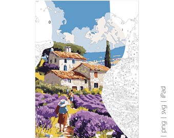 Könnte beinhalten: Malen nach Zahlen-Set mit einer Landschaftszene eines Hauses mit Lavendelfeldern. Das Set enthält eine nummerierte Leinwand, Farbtöpfe und Pinsel. Das Bild zeigt ein Haus mit einem roten Ziegeldach, einem blauen Himmel und lila Lavendelblüten.
