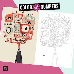 May include: A paint-by-numbers art kit featuring a whimsical, abstract illustration of a red and beige head-shaped figure with various geometric shapes. The words "COLOR by NUMBERS" are displayed above the artwork. The kit includes a color version and a numbered outline.