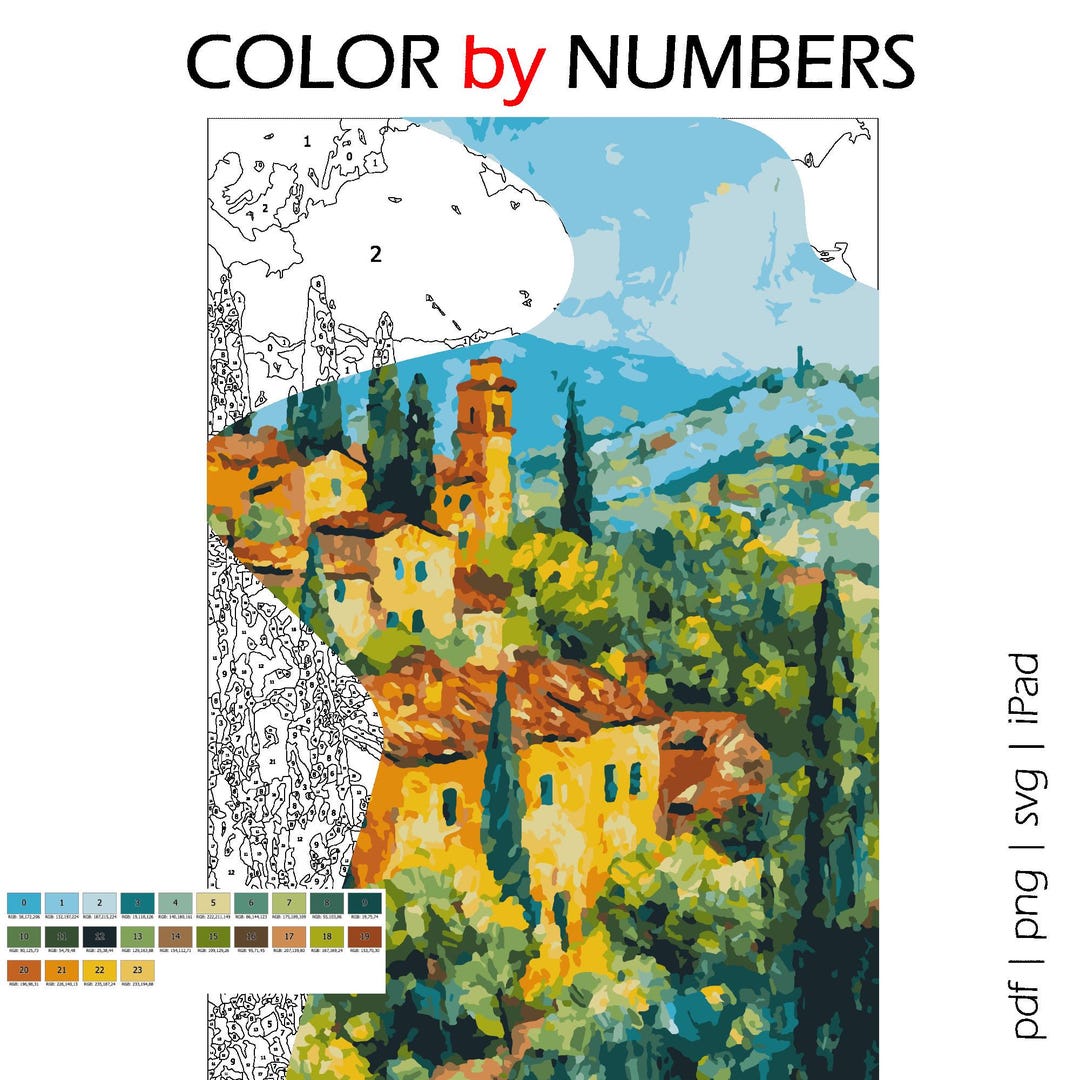 Tuscany Town Color by Numbers: Italy Printable (PDF, SVG, PNG) - Etsy