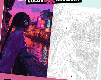 Japanese Cyberpunk Girl Color by Numbers: Procreate iPad Digital Coloring (PDF, SVG, PNG)