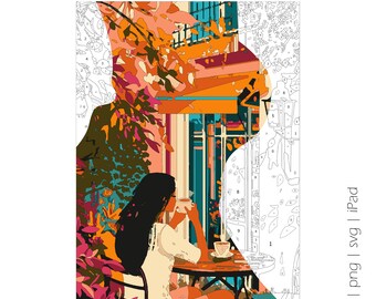 May include: Color by numbers painting of a woman sitting at a table outside a cafe, drinking coffee. The cafe is decorated with orange and teal colors. The woman has long dark hair and is wearing a white shirt. The painting is in a digital format and can be printed on paper or canvas.