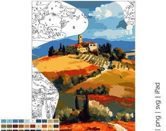 Könnte beinhalten: Ein Malen-nach-Zahlen-Set mit einer Landschaftsszene mit einer toskanischen Villa auf einem Hügel. Das Bild enthält eine Farbpalette, eine nummerierte Anleitung und den Text "COLOR by NUMBERS". Das Kunstwerk ist in Orange-, Gelb-, Grün- und Blautönen gehalten.