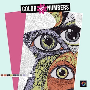 May include: Color by numbers painting kit featuring a close-up of three stylized eyes with intricate patterns. The eyes are in shades of purple, green, yellow, orange, and black.