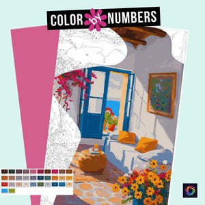 May include: Color by numbers painting kit featuring a room with a blue door, a white couch, and a vase of yellow flowers. The room has a white wall with a painting on it. The painting is of a landscape with a blue sky and green trees. The room is lit by sunlight coming in through the door. The kit includes a canvas, paint, and brushes.