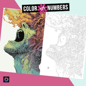May include: Color by numbers painting kit featuring a colorful abstract portrait of a person with their mouth open, screaming. The image is divided into sections with numbers corresponding to different colors.