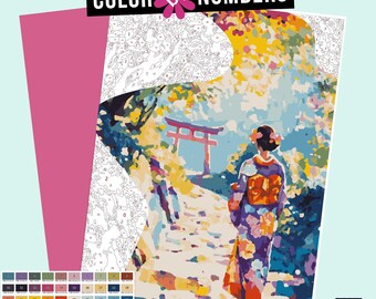 May include: Color by numbers painting kit featuring a woman in a colorful kimono walking towards a traditional Japanese gate. The painting is set against a backdrop of trees and a blue sky.