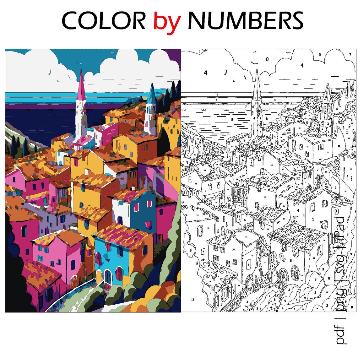 Italy Town Color by Numbers for Adults: Printable Pages (PDF, SVG, PNG ...