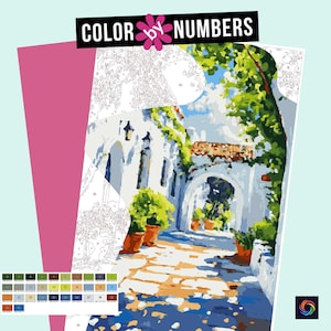 Puede incluir: Kit de pintura por números que presenta un edificio blanco con un arco, plantas verdes y un camino de piedra. La pintura está ambientada en un cielo azul con nubes blancas. El kit incluye botes de pintura numerados y un lienzo.