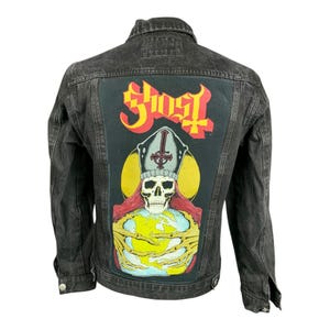 Ghost denim jean jacket, reworked upcycled heavy metal rock band merch jacket size medium