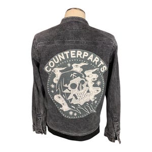 Counterparts denim jean jacket, reworked, upcycled, heavy metal, post hardcore rock band jacket size medium