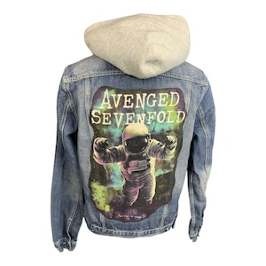 Avenged sevenfold hooded denim jacket | reworked, upcycled, heavy metal a7x jacket size medium