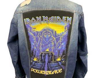 Custom Iron Maiden Back Patch Denim Jacket, Upcycled Sustainable Heavy Metal Hard Rock Band Jean Jacket M
