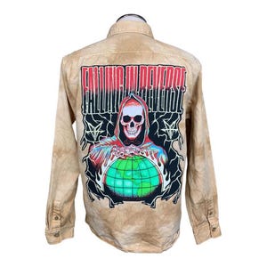 Falling in reverse light denim jacket | reworked, upcycled metalcore heavy metal rock band shirt size large