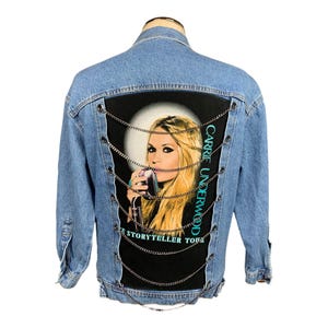Jaqueta jeans Carrie Underwood | Retrabalhada, reciclada, música country, jaqueta Nashville tamanho G