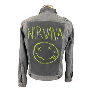 Grunge band jean jacket | reworked, upcycled, smiley rock band jacket size small