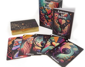 May include: An oracle card set with the words "Amour is Love" on the box and booklet. The cards feature colorful illustrations with words like "Homme", "Femme", and "Patience". A small, gold-edged box is also included.