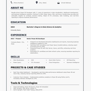 以下が含まれることがあります： Power BI開発者の履歴書。データ視覚化、ダッシュボード開発、ビジネスインテリジェンス分析のスキルと経験を強調しています。学歴、職務経歴、スキル、プロジェクト、ツール、資格に関するセクションが含まれています。