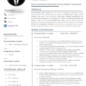 May include: A professional resume with a headshot in a circular frame, contact details, education, technical skills, and work experience as a Sales Manager/Business Development Manager. The resume highlights expertise in B2B sales and market expansion.