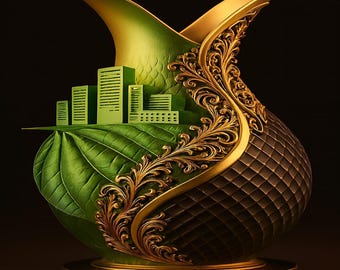 Green Architecture Inspired Vase Print | Ornate Mosaic Digital Art | Sustainable Wall Decor