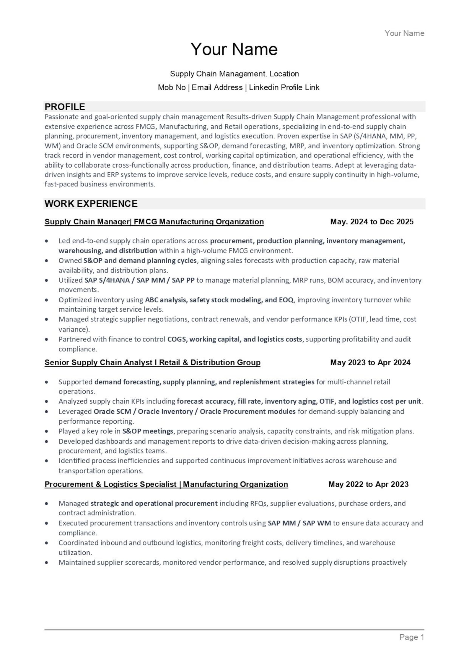 ATS Resume Template Supply Chain Manager | Logistics Resume ...
