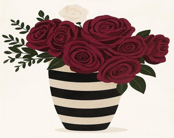 Burgundy Roses Print – Modern Stripe Vase, Botanical Wall Art (Digital Download)
