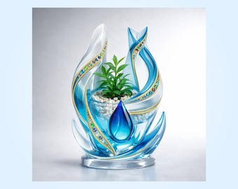 Blue Glass Water Drop Sculpture Art Print, Botanical Living Room Decor (Digital Download)
