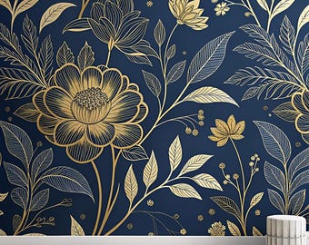 Luxury Botanical Wall Mural – Navy Blue & Gold Floral Art, Elegant Interior Decor Printable