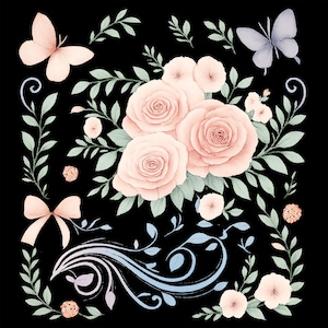 May include: A floral design featuring pink roses, butterflies, and a bow on a black background. The image includes green leaves and decorative swirls, creating a romantic and elegant aesthetic. The butterflies are in shades of pink and purple.