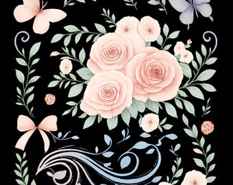 Black Floral Design | Water color Rose Clipart Collection with Butterflies, Bow Frames & Ladybugs