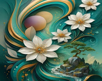 Surreal Abstract Floral Vase Print – Teal, Gold, Fantasy Flowers (Digital Download)