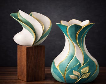 Teal Botanical Vase Art Print | Ceramic Sculpture Leaf Motif (Digital Download)