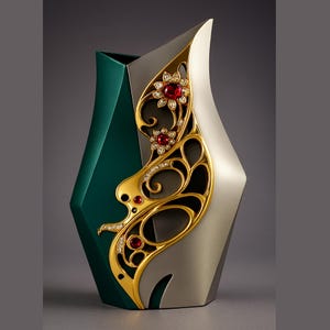 Può includere: Un vaso decorativo in verde acqua, grigio e oro. Il vaso presenta un design geometrico ed è impreziosito da un motivo a filigrana dorata, gemme rosse e trasparenti. Il vaso ha una forma distintiva ed elegante.