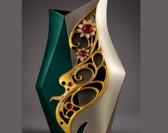 Luxury Emerald Silver Vase with Gold Filigree & Ruby Gemstones – Modern Geometric Decor Art