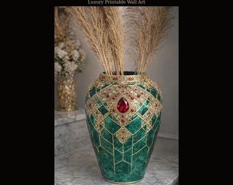 Jewelled Mosaic Vase Digital Art Print | Emerald Green Ruby Gold Luxury Wall Decor | Printable Boho Home Decor | Instant Download