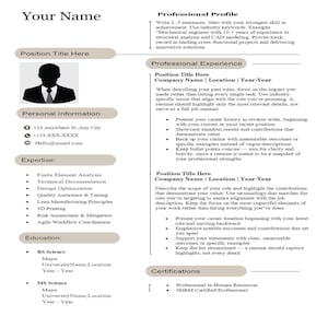 May include: A resume template with sections for personal information, expertise, education, and professional experience. The document includes example text for a professional profile, job descriptions, and certifications. The layout is clean and organized.