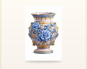 Baroque Vase Digital Art, Blue Rose Floral Clipart, Rococo Ornate Urn Printable, Victorian Gold Floral Wall Art, Instant Download